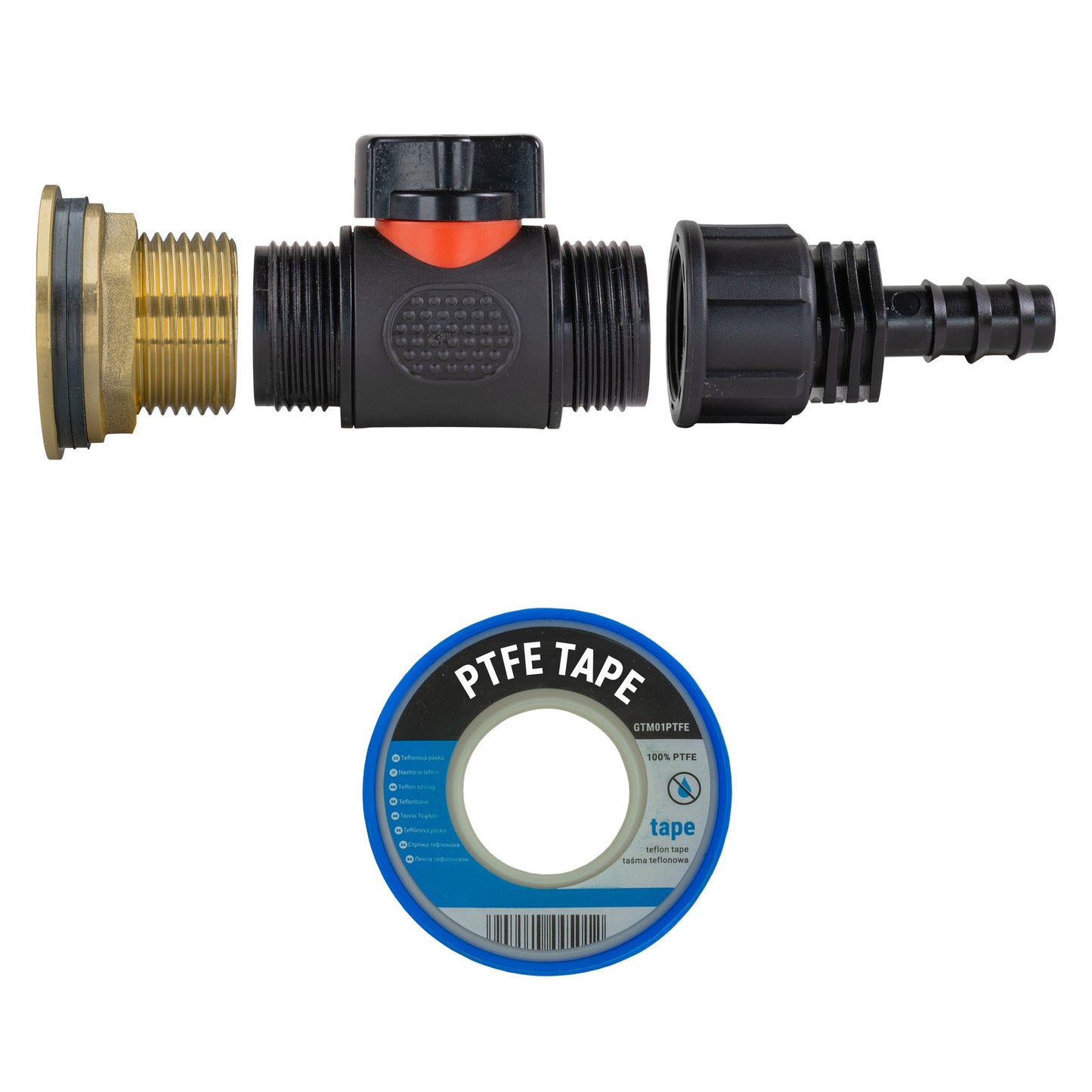 Water Butt Brass Kit 1in with In-Line Valve + 16mm Barb for Outdoor Watering Kit