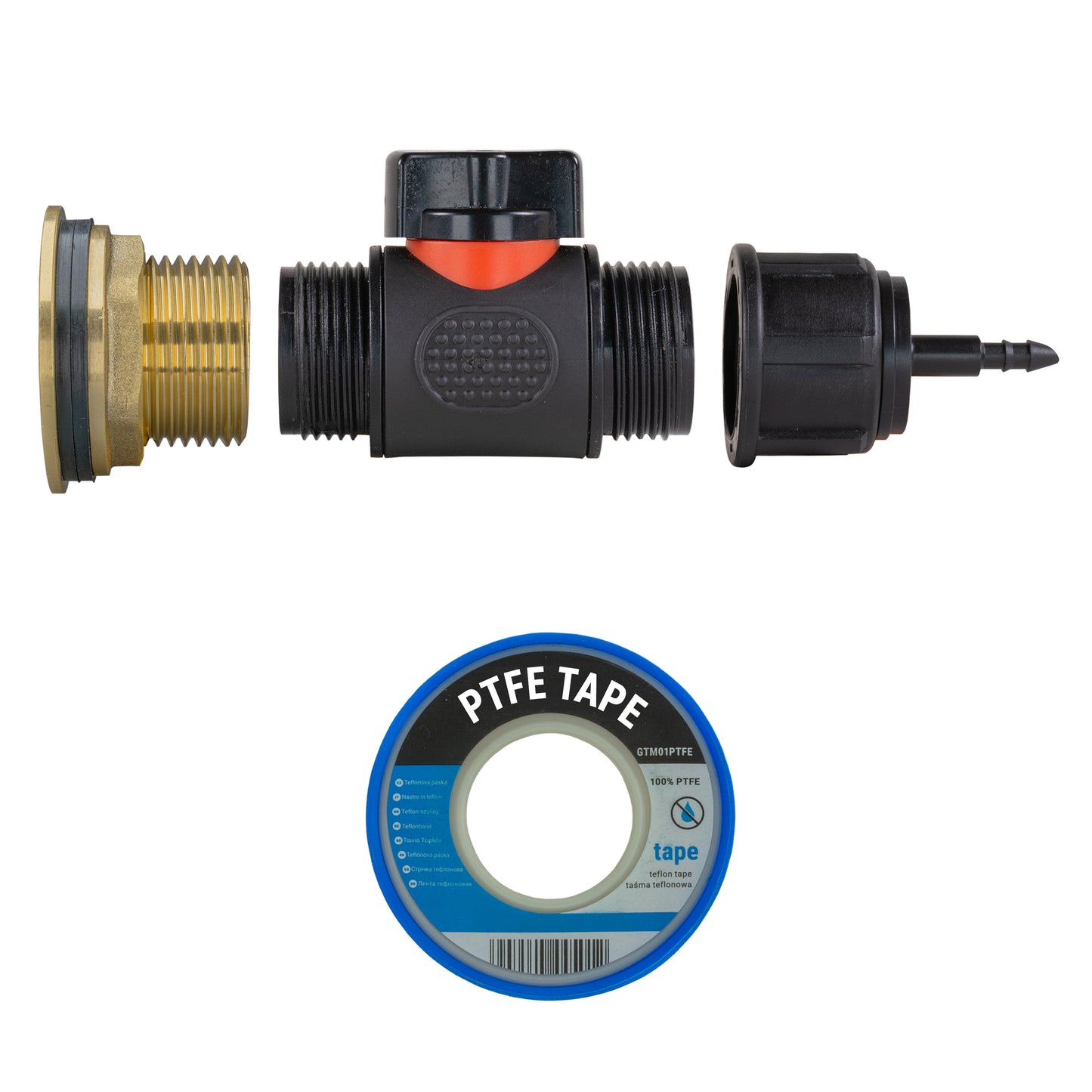 Water Butt Brass Kit 1in with In-Line Valve + 4mm Barb for Micro Watering System