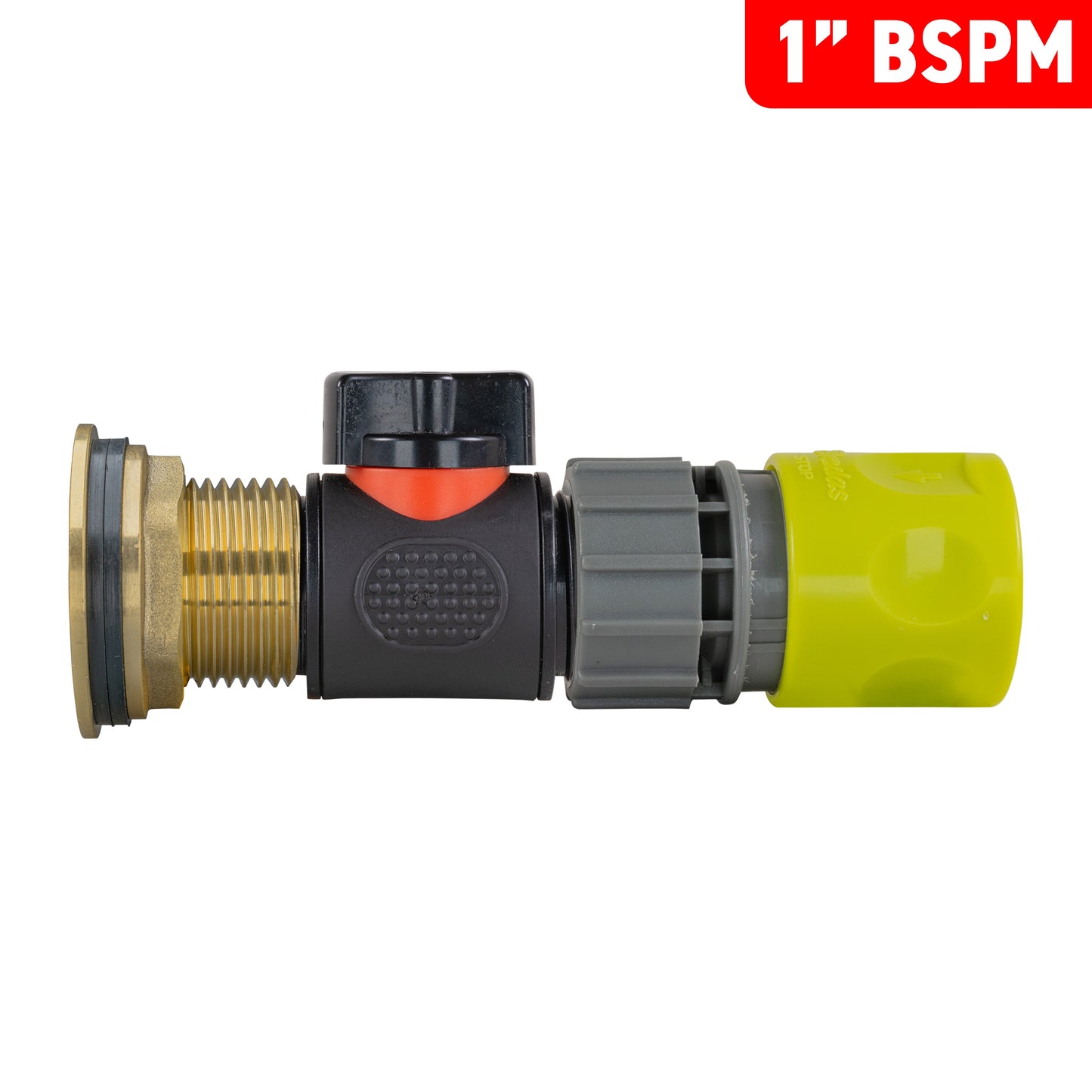 Water Butt Brass Kit 1in with In-Line Valve + Female Quick Connector Lime