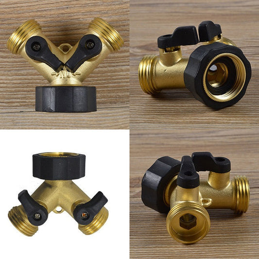 Double Tap Connector with Valves and Threaded Outlets Brass for Garden Hose Pipe