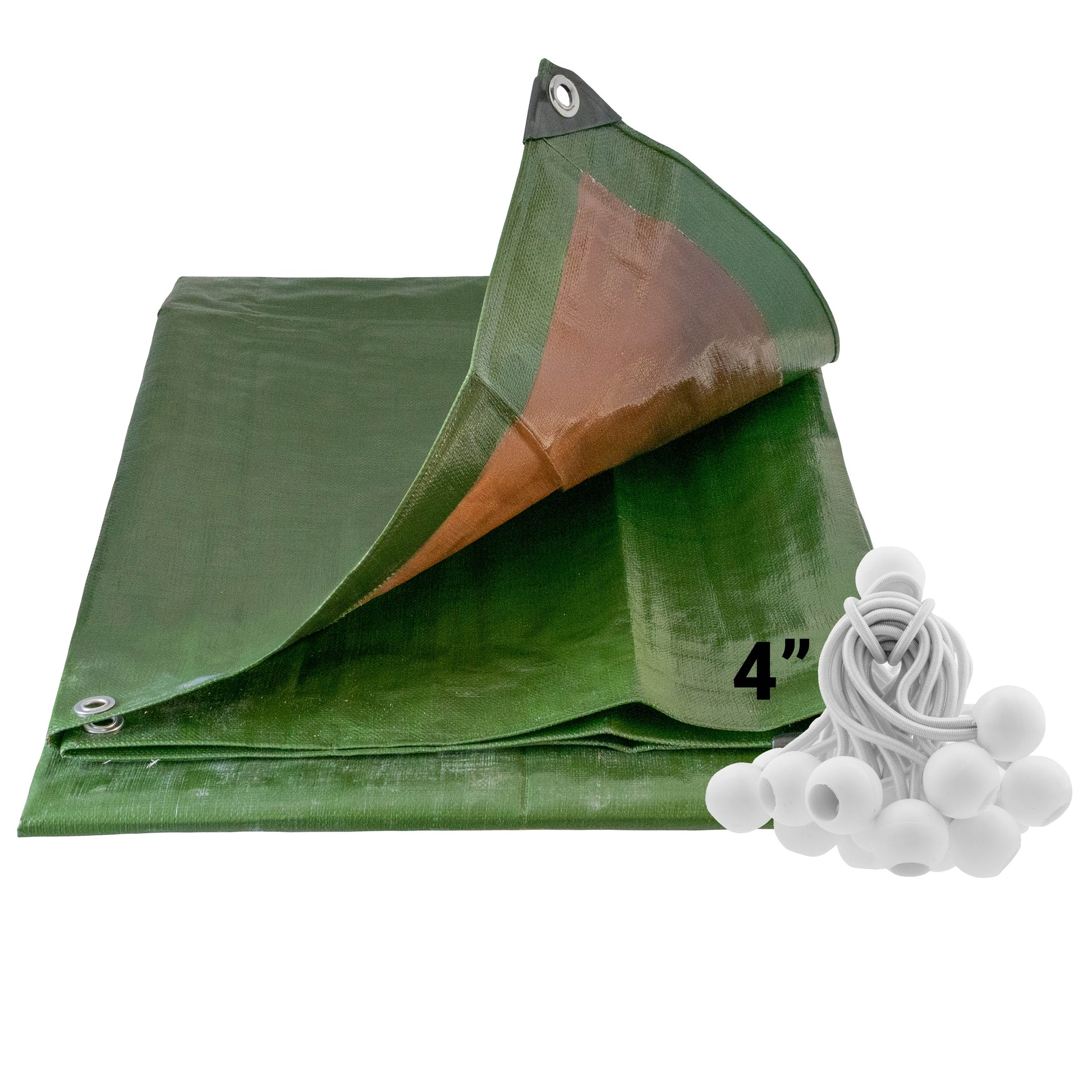 AP Supplies Green/Brown L-Grade Tarpaulin with 20 x 4" Bungee Balls (White) - 1m x 1m