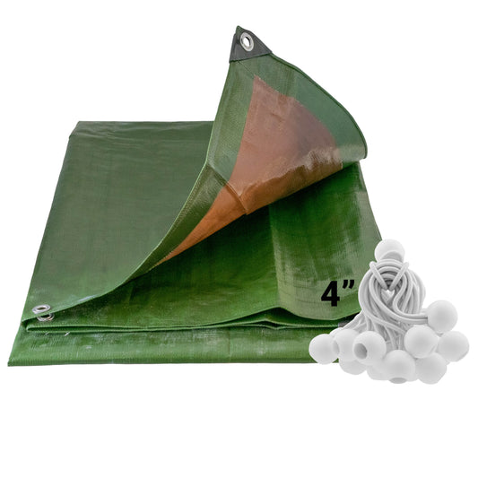 AP Supplies Green/Brown L-Grade Tarpaulin with 20 x 4" Bungee Balls (White) - 1m x 1m