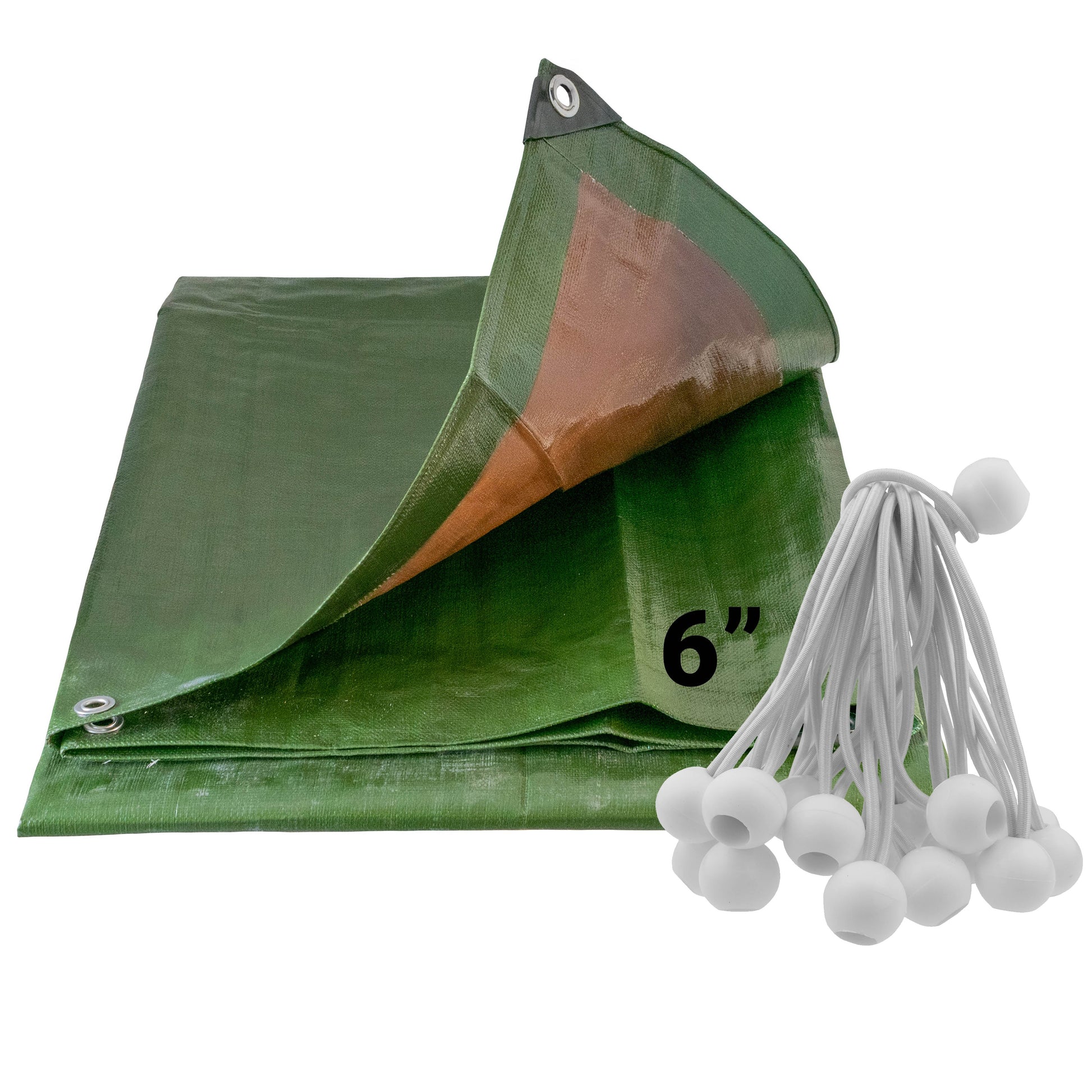 AP Supplies Green/Brown L-Grade Tarpaulin with 20 x 6" Bungee Balls (White) - 1m x 1m