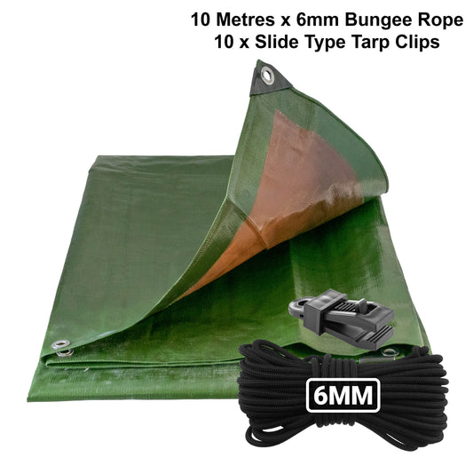 AP Supplies Green/Brown L-Grade Tarpaulin with 10m of 6mm Bungee Rope and 10 x Slide Type Tarp Clips - 1m x 1m