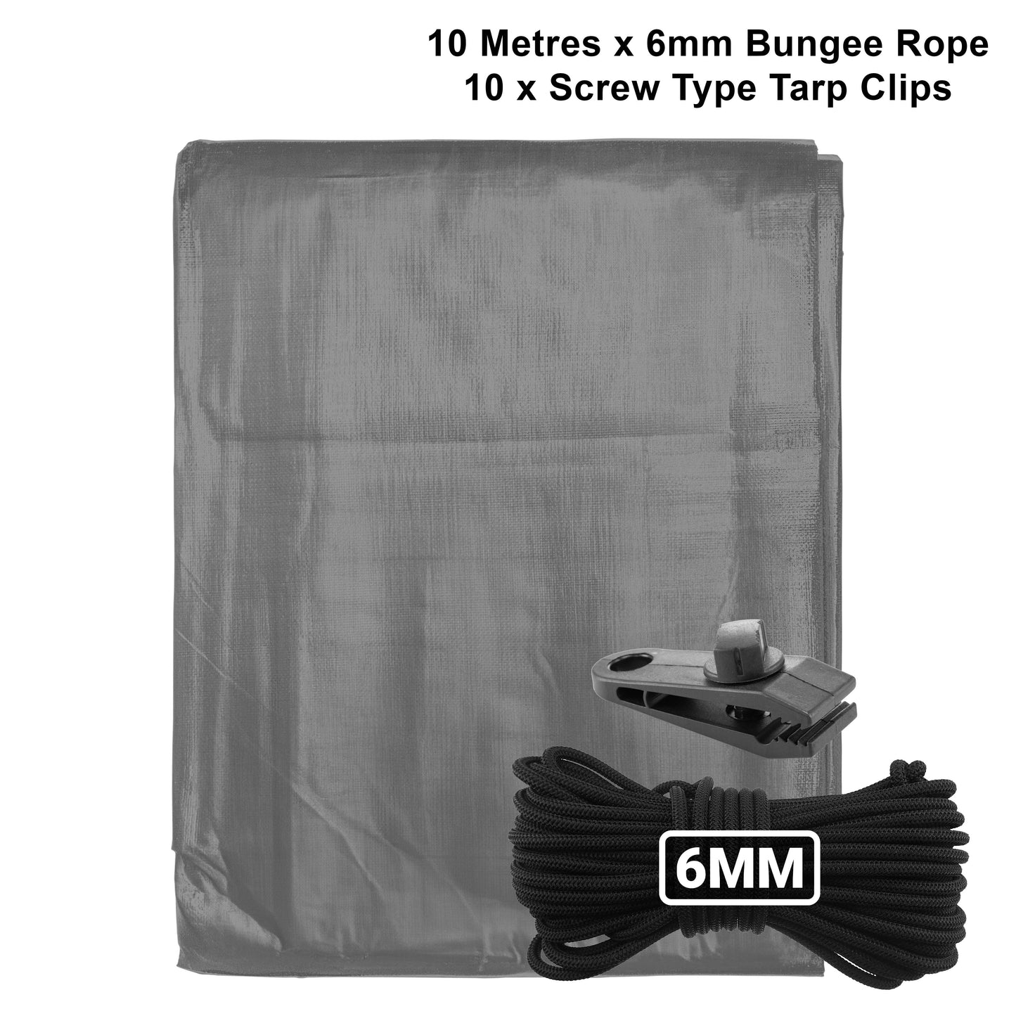 AP Supplies Grey L-Grade Tarpaulin with 10m of 6mm Bungee Rope and 10 x Screw Type Tarp Clips - 1m x 1m