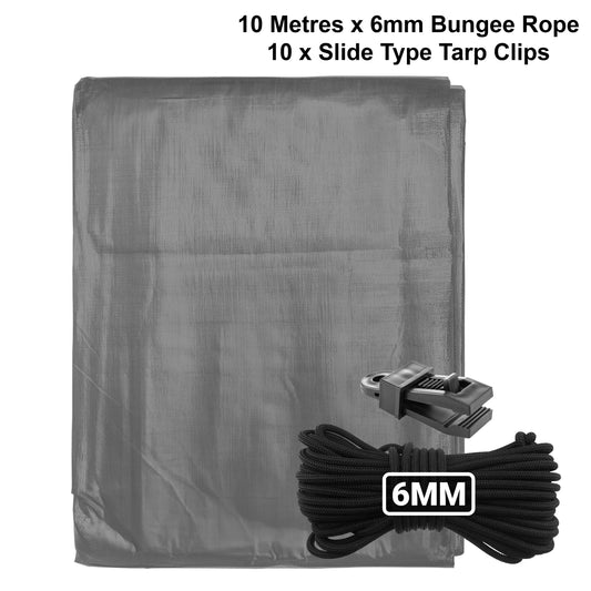 AP Supplies Grey L-Grade Tarpaulin with 10m of 6mm Bungee Rope and 10 x Slide Type Tarp Clips - 1m x 1m