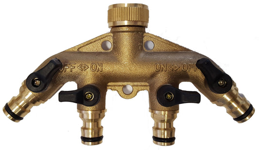 4-Way Manifold with Valves and Snap-On Outlets Brass Water Connector Tap Adapter