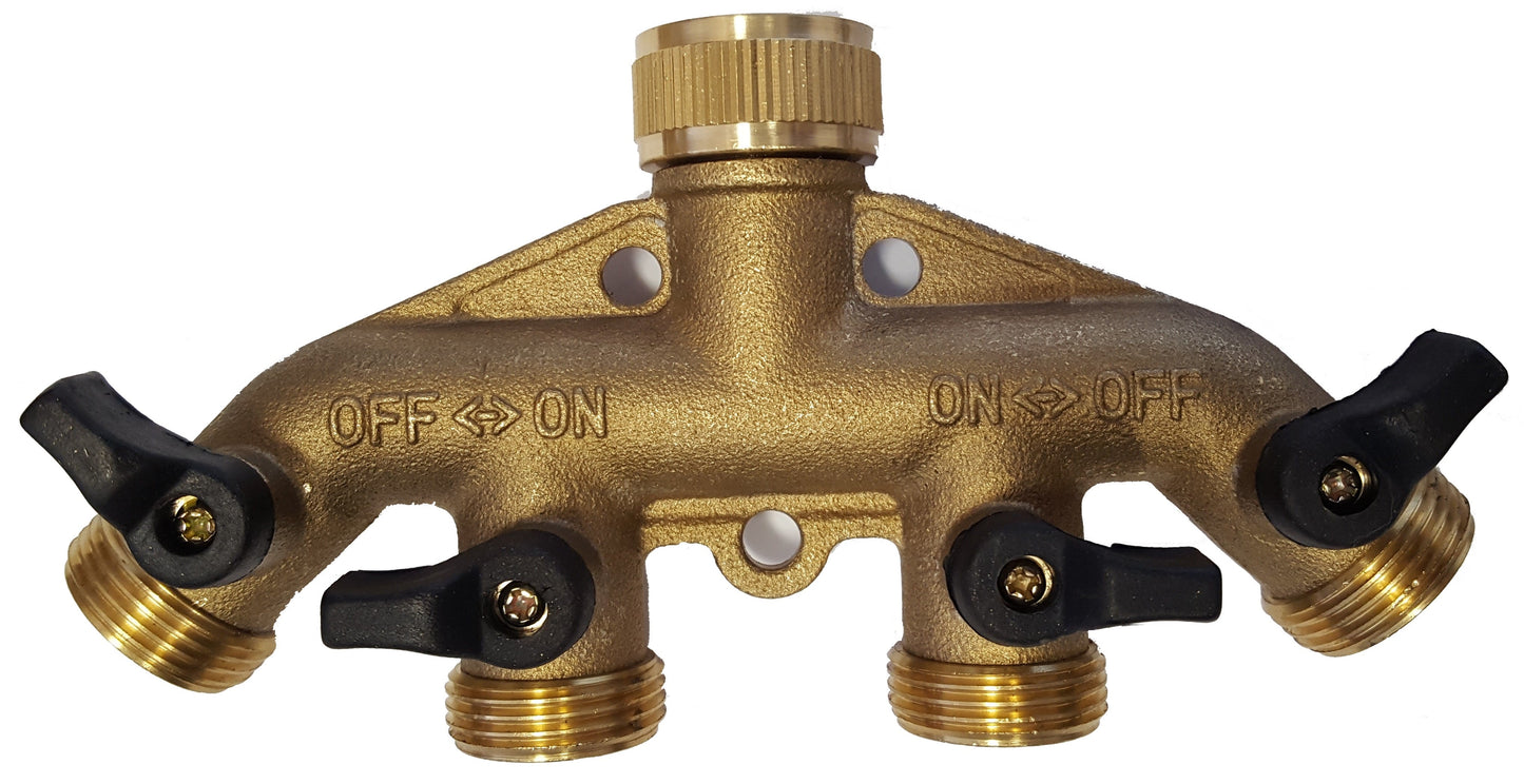 4-Way Manifold with Valves and Threaded Outlets Brass for DIY Workshop Accessory