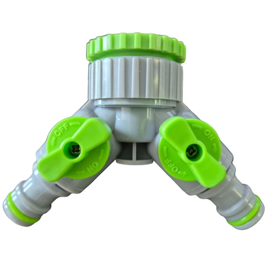2-Way Tap Connector With Valves 1in or 3/4in BSP Female, Green Gray Tap Adapter