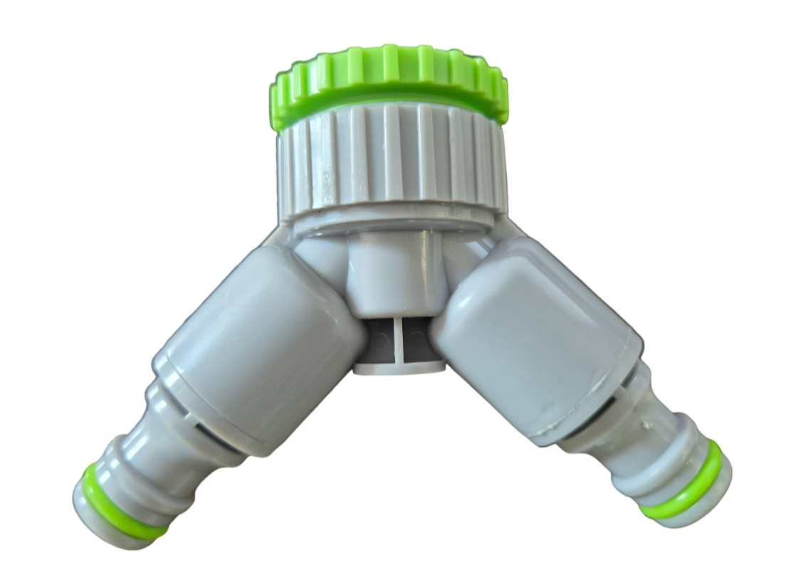 2-Way Tap Connector With Valves 1in or 3/4in BSP Female, Green Gray Tap Adapter