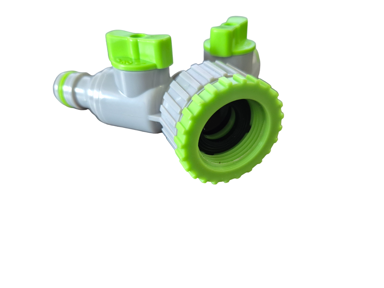 2-Way Tap Connector With Valves 1in or 3/4in BSP Female, Green Gray Tap Adapter