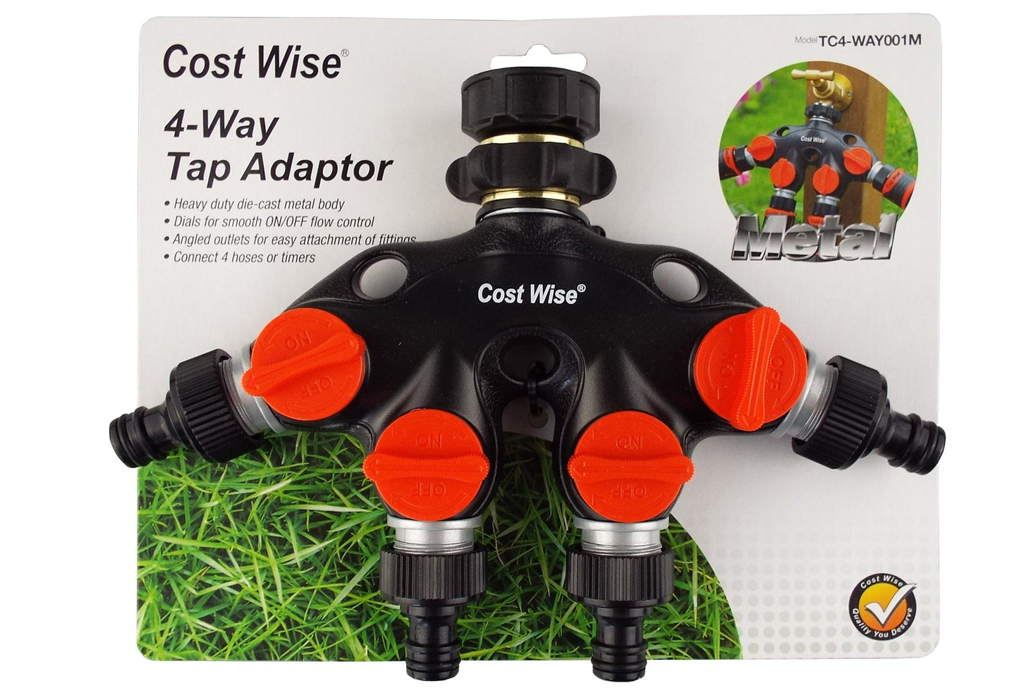 4 Way Tap Connector with Valves Metal Outdoor Watering Kit Garden Irrigation Kit