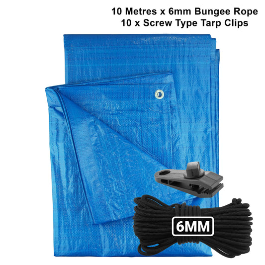 AP Supplies Blue S-Grade Tarpaulin with 10m of 6mm Bungee Rope and 10 x Screw Type Tarp Clips - 1m x 1m