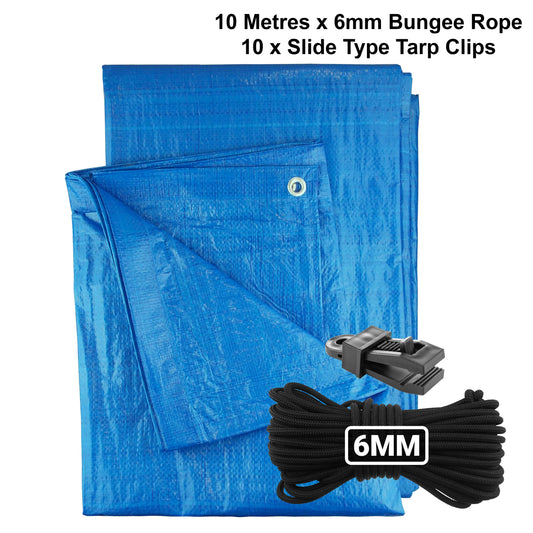 AP Supplies Blue S-Grade Tarpaulin with 10m of 6mm Bungee Rope and 10 x Slide Type Tarp Clips - 1m x 1m
