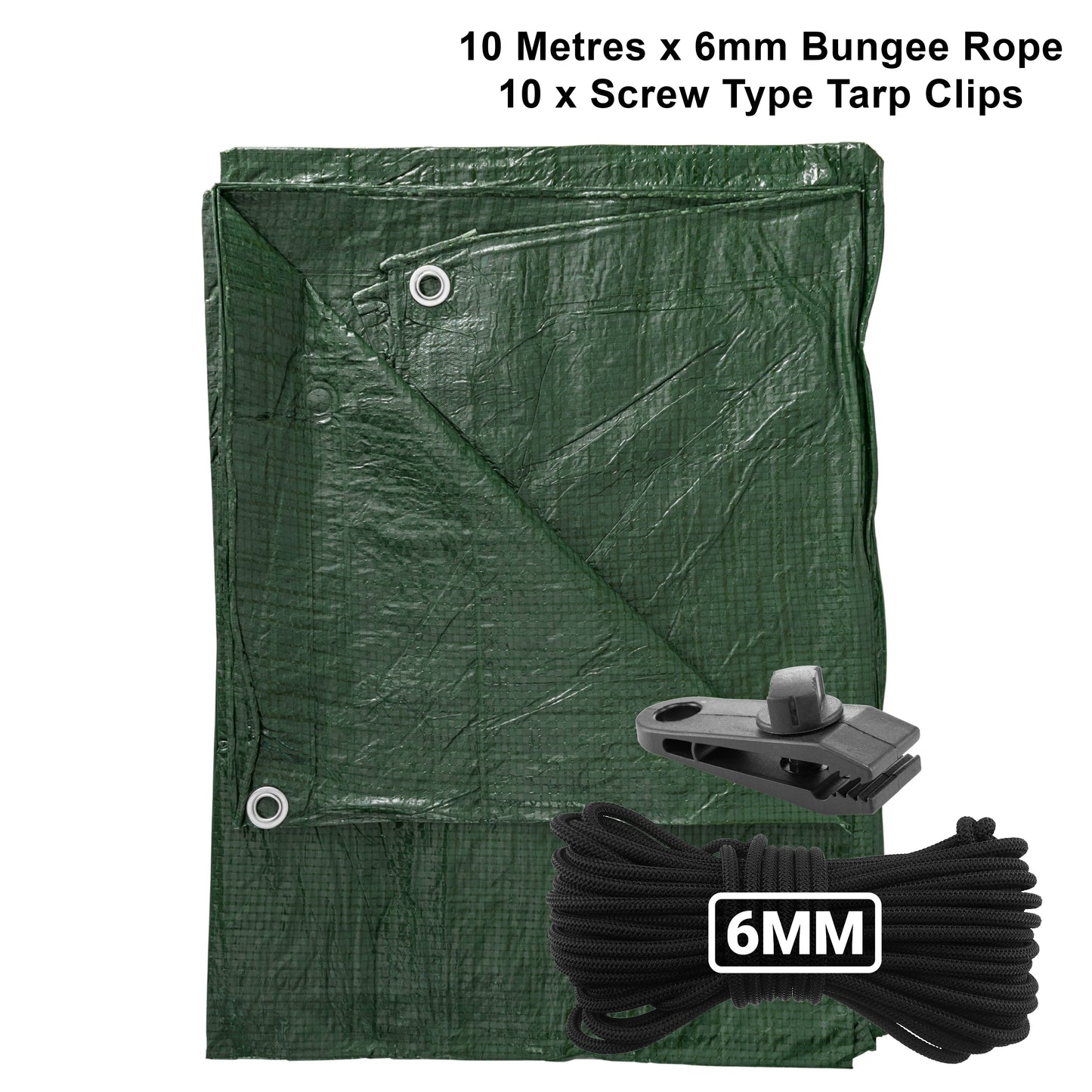 AP Supplies Green S-Grade Tarpaulin with 10m of 6mm Bungee Rope and 10 x Screw Type Tarp Clips - 1m x 1m