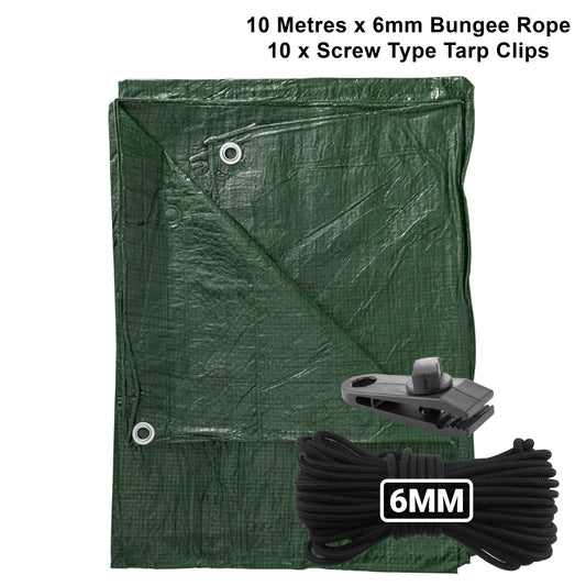 AP Supplies Green S-Grade Tarpaulin with 10m of 6mm Bungee Rope and 10 x Screw Type Tarp Clips - 1m x 1m