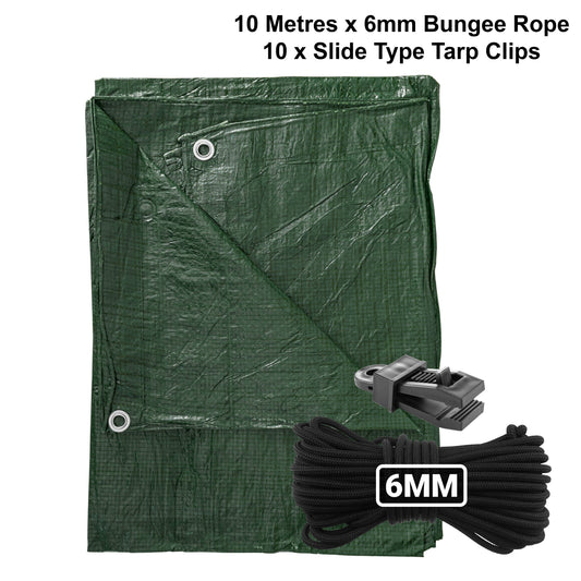 AP Supplies Green S-Grade Tarpaulin with 10m of 6mm Bungee Rope and 10 x Slide Type Tarp Clips - 1m x 1m