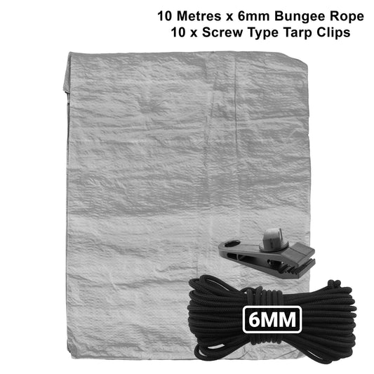 AP Supplies Grey S-Grade Tarpaulin with 10m of 6mm Bungee Rope and 10 x Screw Type Tarp Clips - 1m x 1m