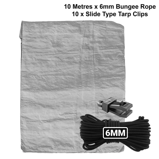 AP Supplies Grey S-Grade Tarpaulin with 10m of 6mm Bungee Rope and 10 x Slide Type Tarp Clips - 1m x 1m