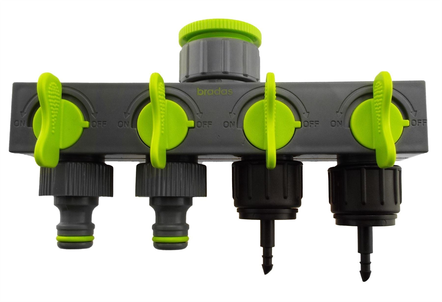 AP Supplies 4-Way Valved Splitter Lime with Two Quick Connect and Two 4mm Barb Micro Outlets