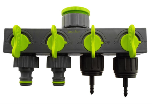 AP Supplies 4-Way Valved Splitter Lime with Two Quick Connect and Two 4mm Barb Micro Outlets