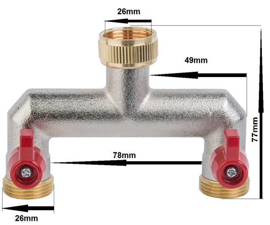 Two Way Tap Splitter Brass 3/4in BSP Outdoor Watering Kit Pipe and Water Fitting