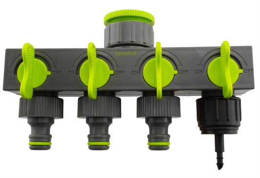 AP Supplies 4-Way Valved Splitter Lime with Three Quick Connect and One 4mm Barb Micro Outlet