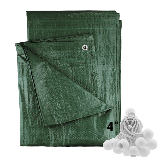 AP Supplies Green M-Grade Tarpaulin with 20 x 4" Bungee Balls (White) - 1m x 1m