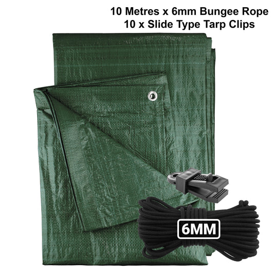AP Supplies Green M-Grade Tarpaulin with 10m of 6mm Bungee Rope and 10 x Slide Type Tarp Clips - 1m x 1m