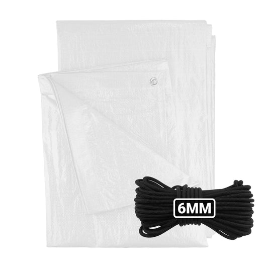 AP Supplies White M-Grade Tarpaulin with 10 Metres of 6mm Bungee Rope - 1.5m x 2m