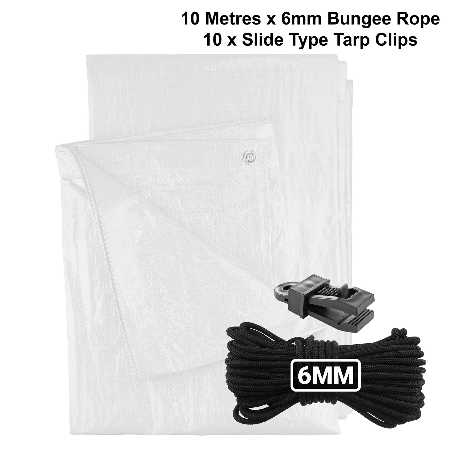AP Supplies White M-Grade Tarpaulin with 10m of 6mm Bungee Rope and 10 x Slide Type Tarp Clips - 1.5m x 2m