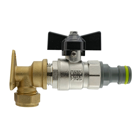 15mm Brass Wall Flange Kit with Bib Valve + Click Lock for Outdoor Watering Kit