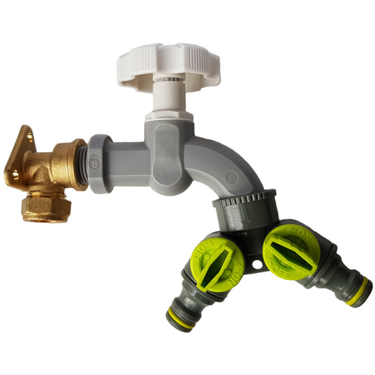 15mm Brass Wall Flange Kit with Grey Dial Tap + Two-Way Splitter Water Connector
