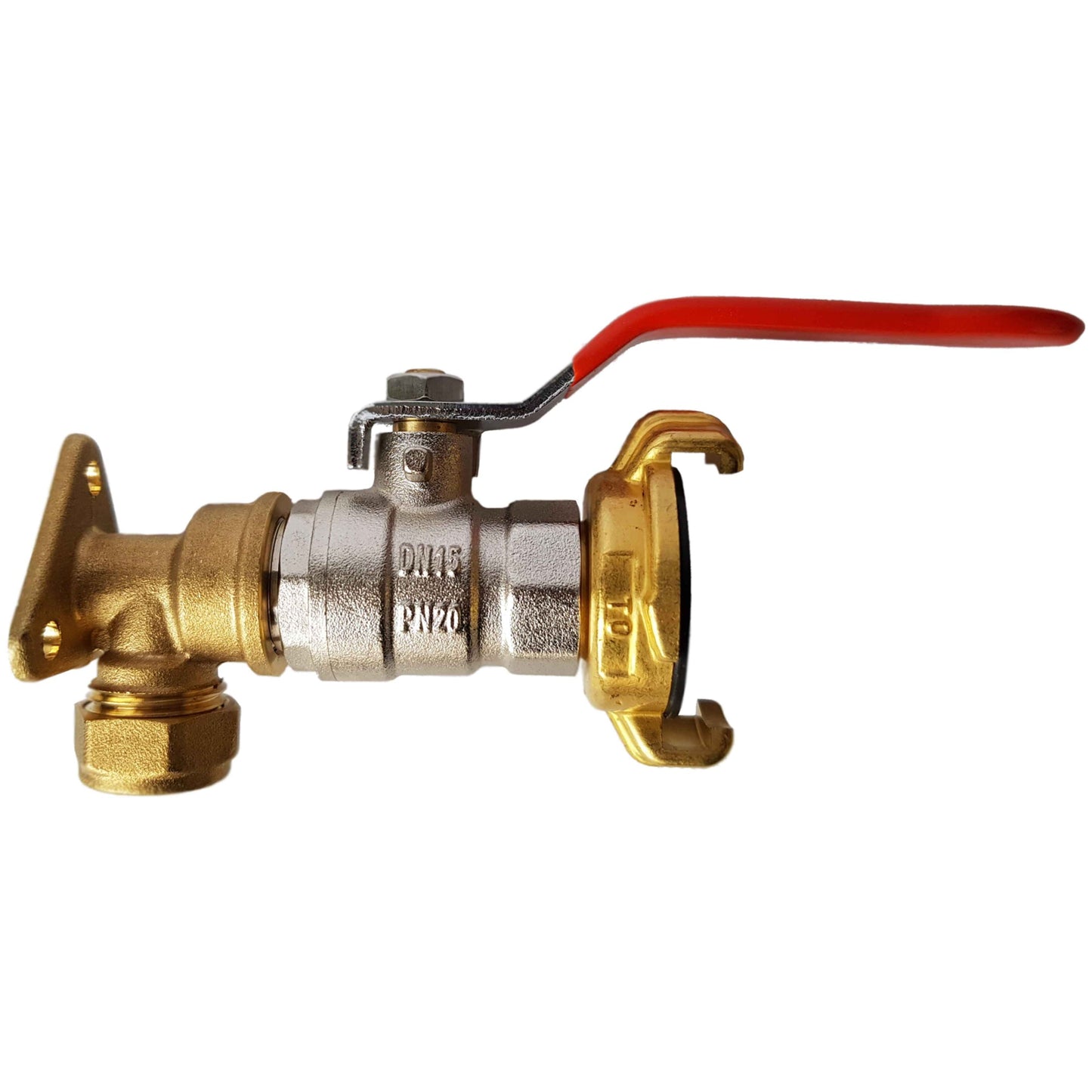 15mm Brass Wall Flange Kit with Lever Valve + Geka Water Connector Claw Coupling