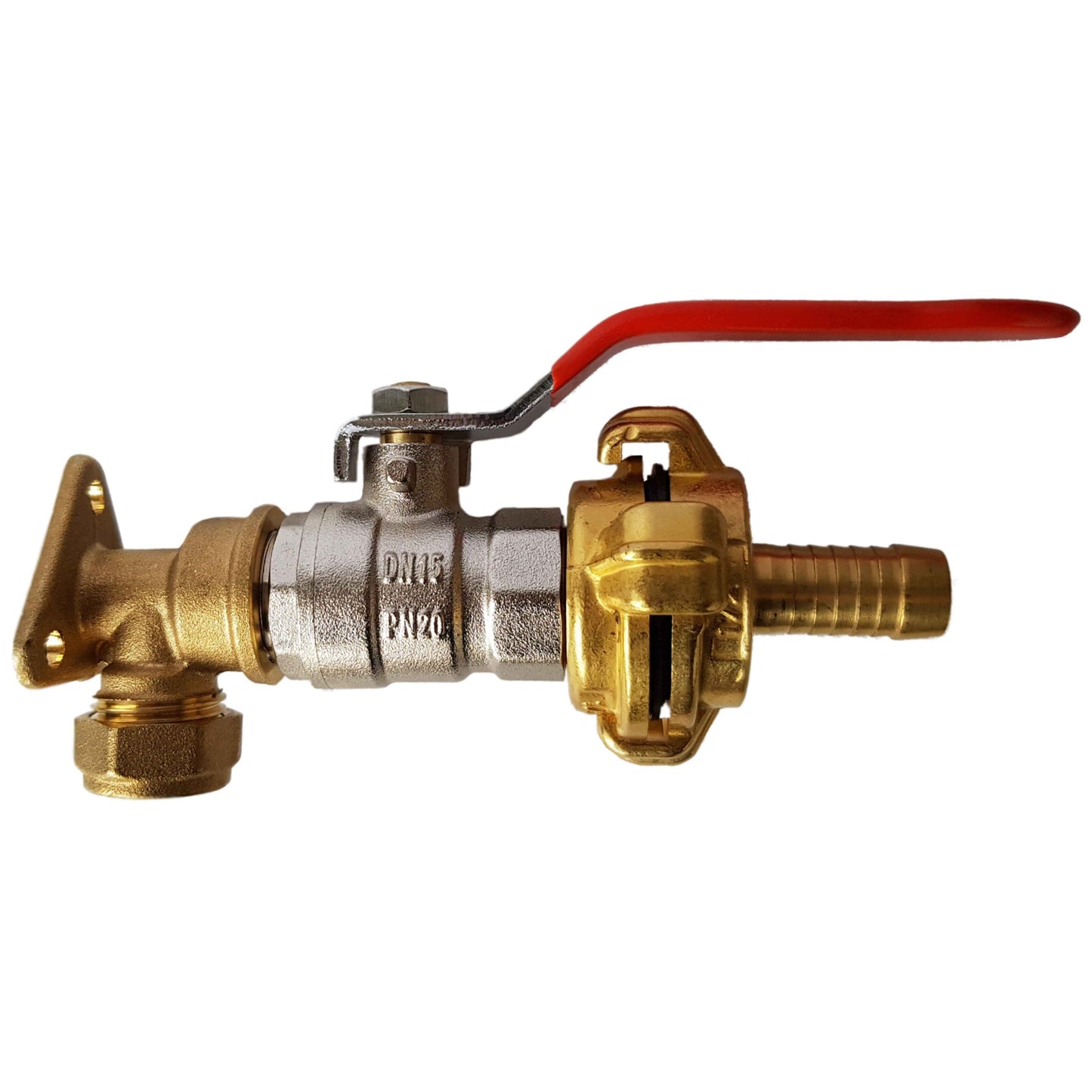 15mm Brass Wall Flange Kit with Lever Valve + Geka 19mm Barbed Set Claw Coupling