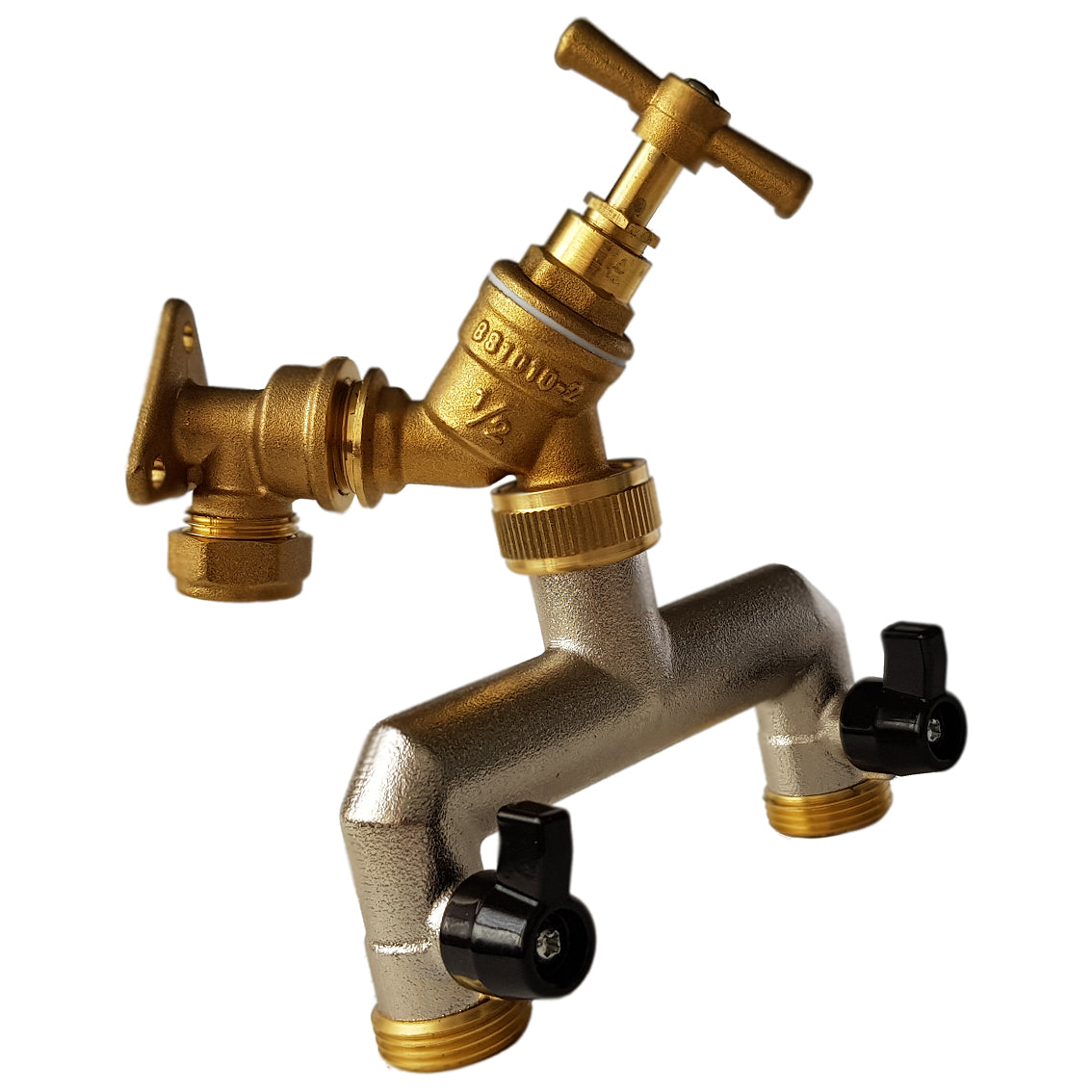 15mm Brass Wall Flange Kit with Brass Tap + 3/4in BSP Metal Splitter Tap Adapter