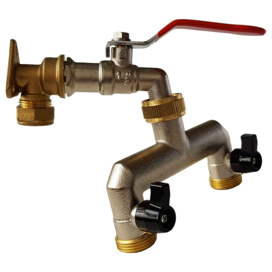 15mm Brass Wall Flange Kit with Lever Tap + 3/4in BSP Metal Splitter Tap Adapter