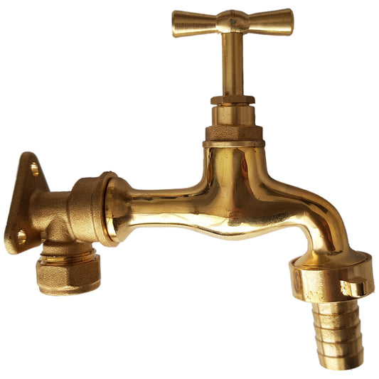 15mm Brass Wall Flange Kit with 15mm Barbed Polished Brass Tap Hose Pipe Fitting