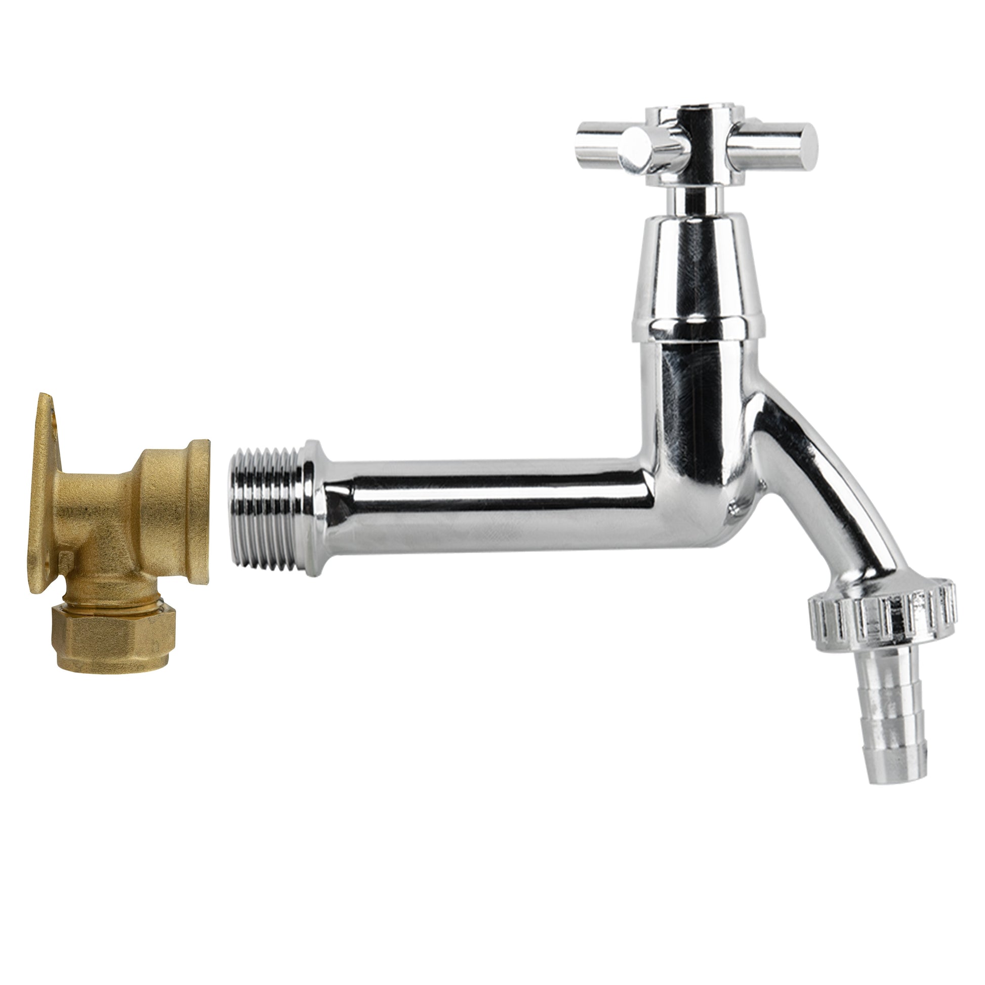 AP Supplies 15mm Brass Wall Flange Kit with Extended Brass Chrome Tap 1/2" Barb