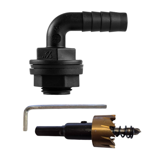 AP Supplies Tank Connector 90 Degree with Washer & Nut 1/2"BSPM - 1/2" Barb and Drill Bit