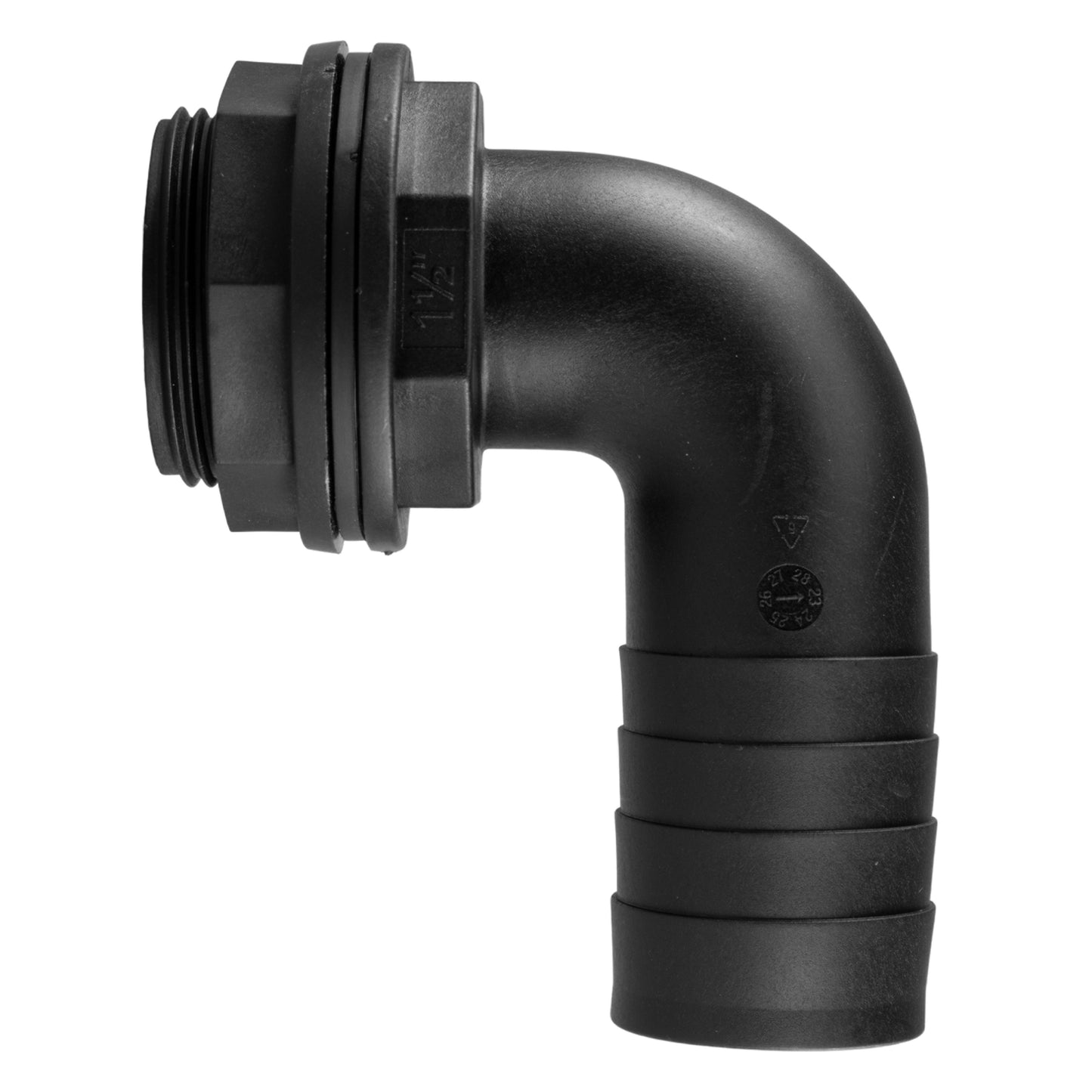 Tank Connector 90 Degree with Washer and Nut 1/2inBSPM - 1/2in Barb