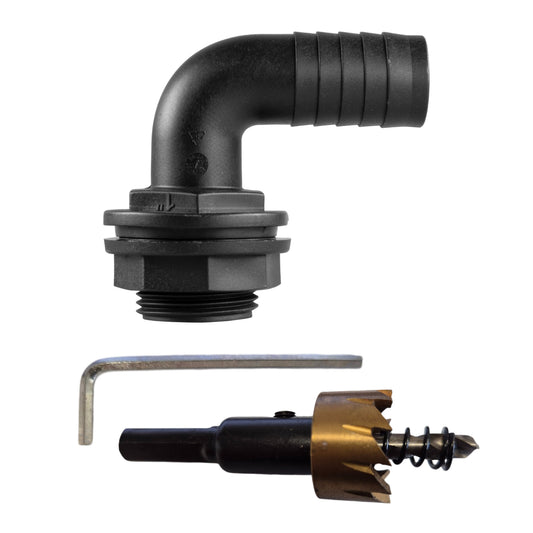 AP Supplies Tank Connector 90 Degree With Washer & Nut 1"BSPM - 1" Barb and Drill Bit