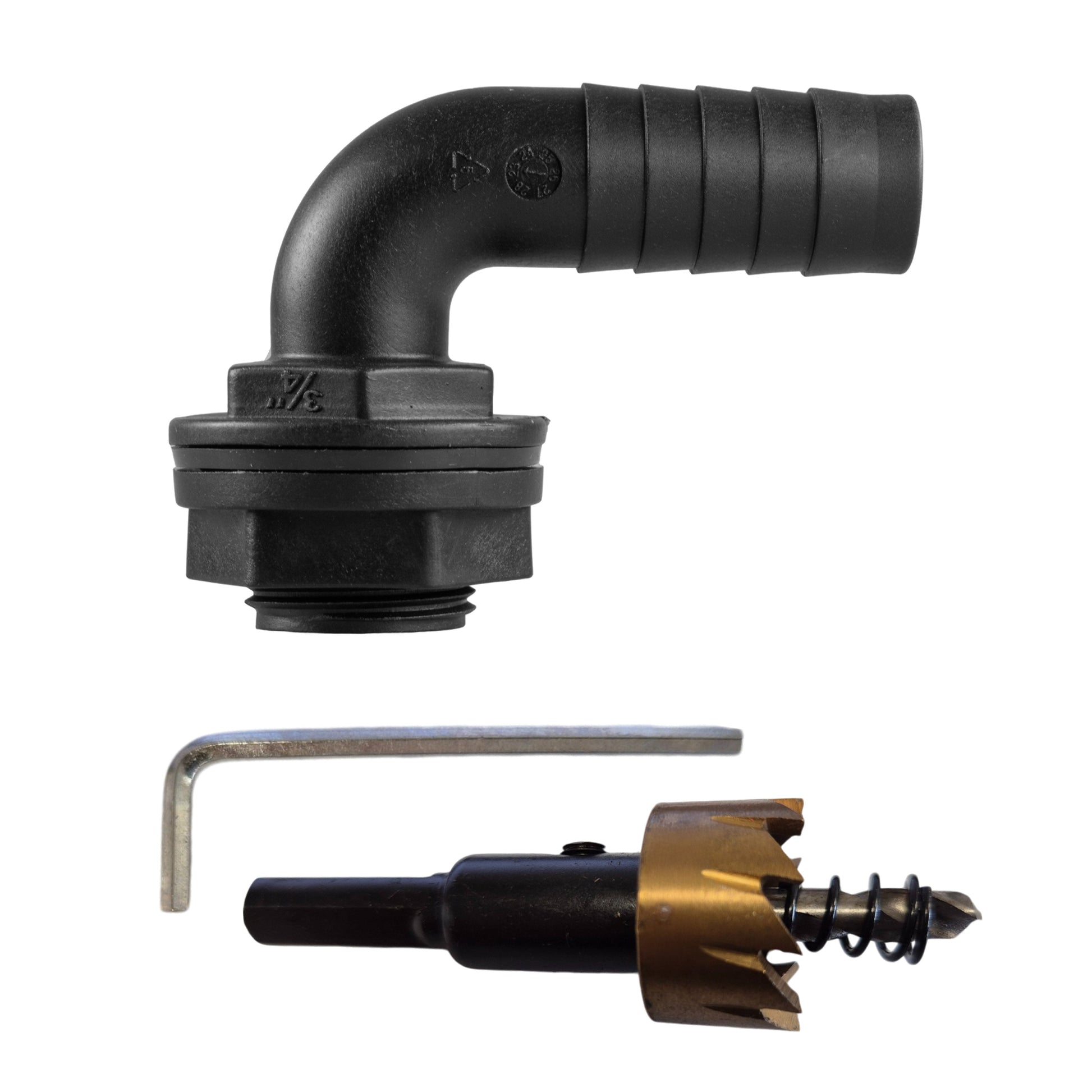 AP Supplies Tank Connector 90 Degree with Washer & Nut 3/4"BSPM - 3/4" Barb and Drill Bit