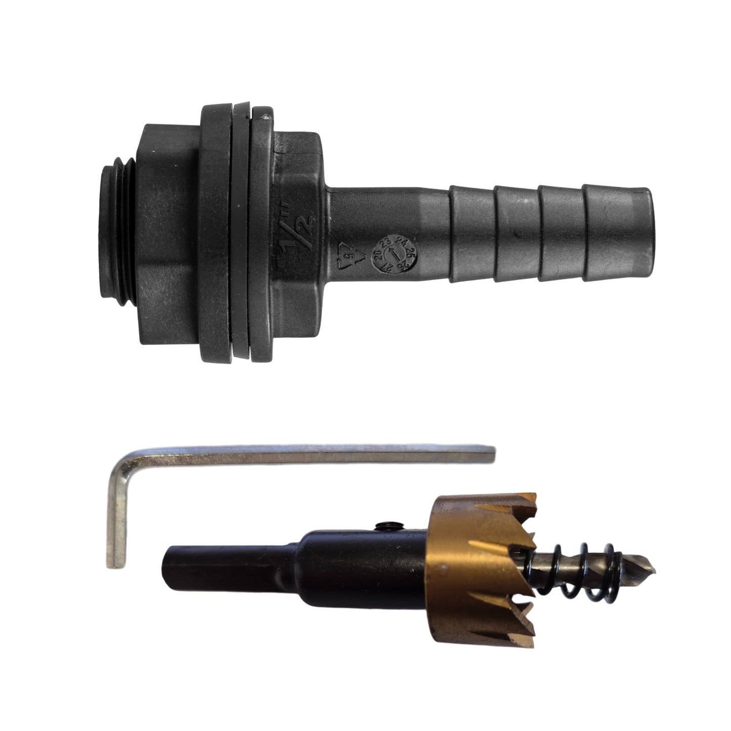 AP Supplies Tank Connector with Washer & Nut 1/2" BSPM - 1/2" Barb and Drill Bit