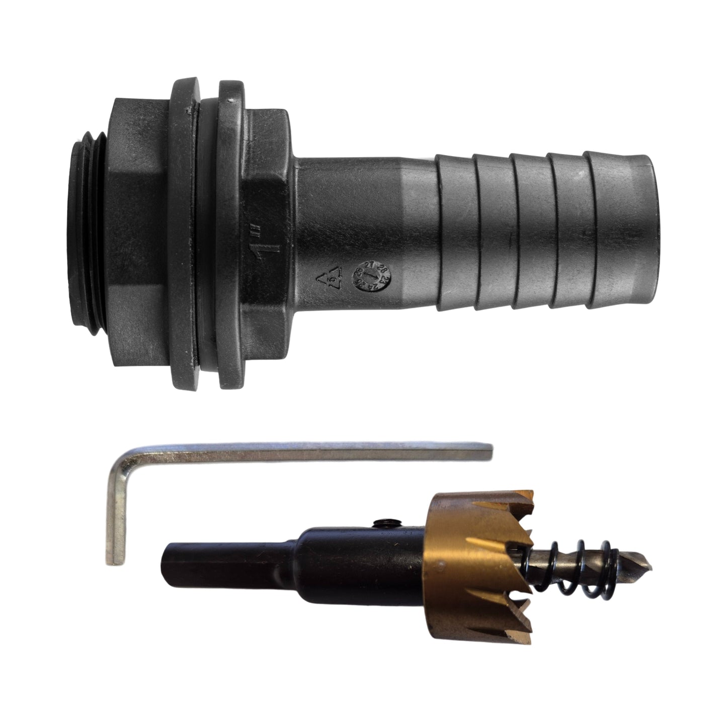 AP Supplies Tank Connector with Washer & Nut 1"BSPM - 1" Barb and Drill Bit