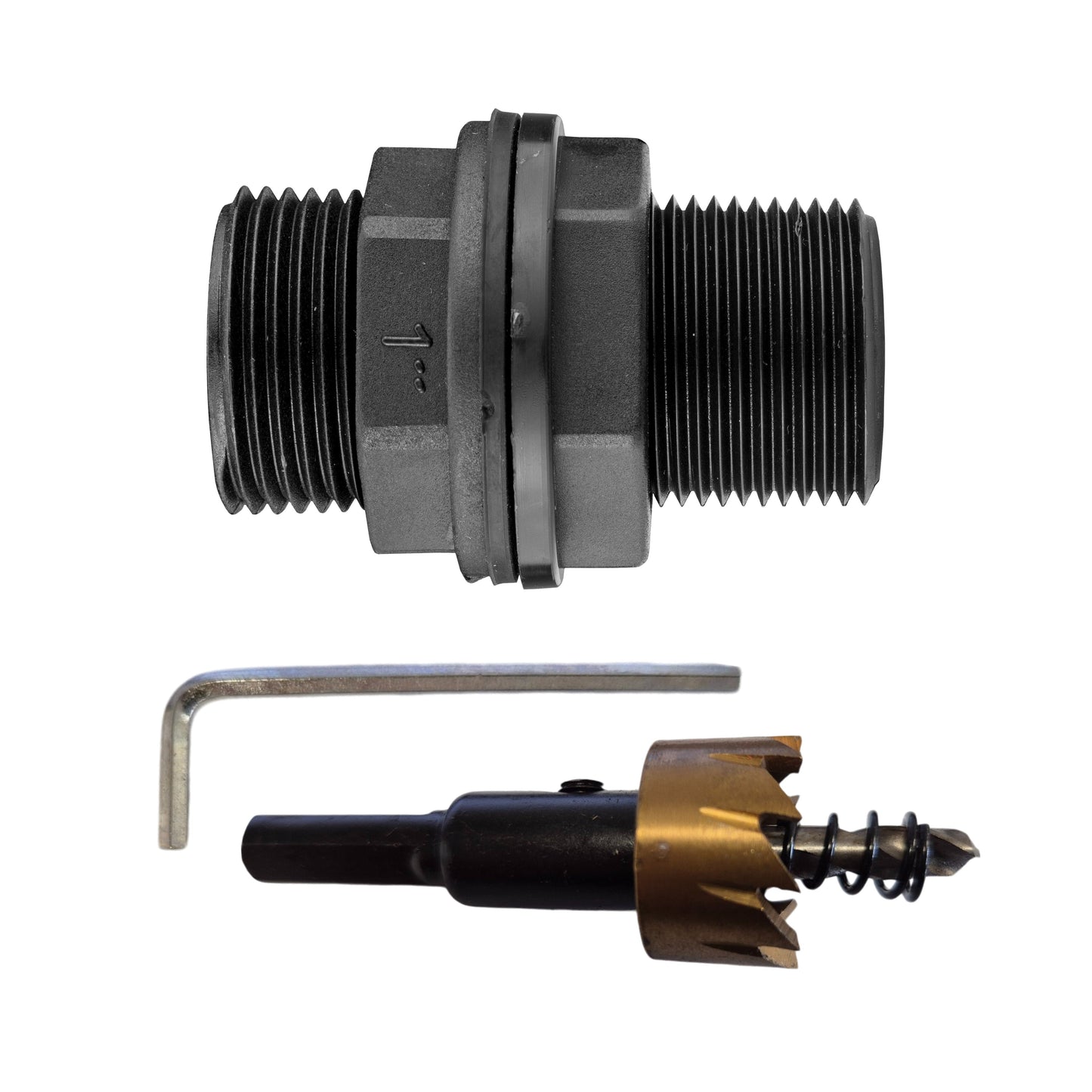 AP Supplies Tank Connector with Washer 1" BSPM and Drill Bit