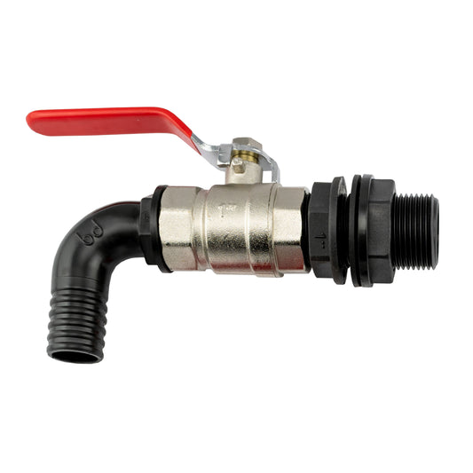 AP Supplies 1” BSP Water Butt Fitting with Lever Valve and 25mm Barb Elbow