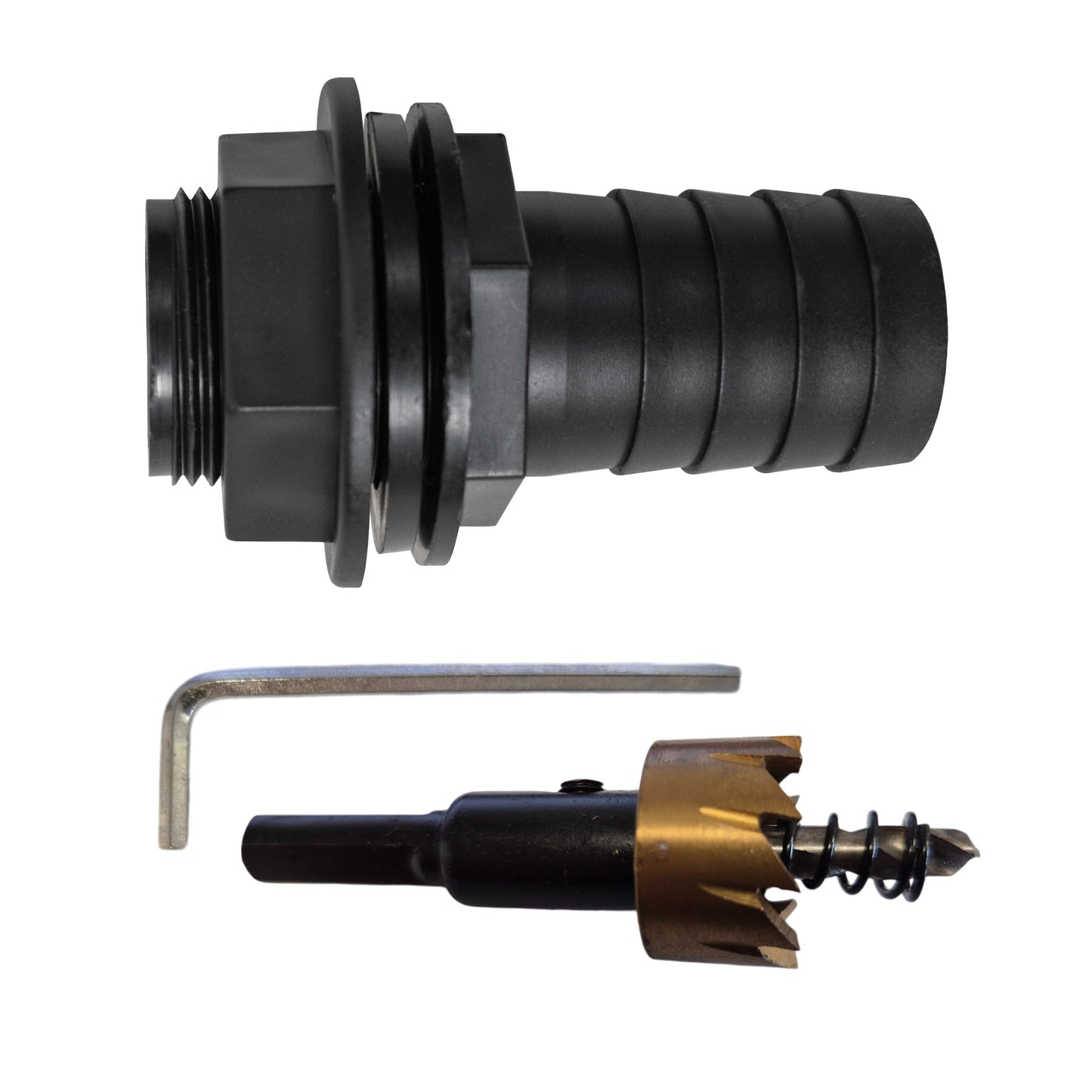 AP Supplies Tank Connector with Washer 3/4" BSPM & 1" Barb Outlet and Drill Bit