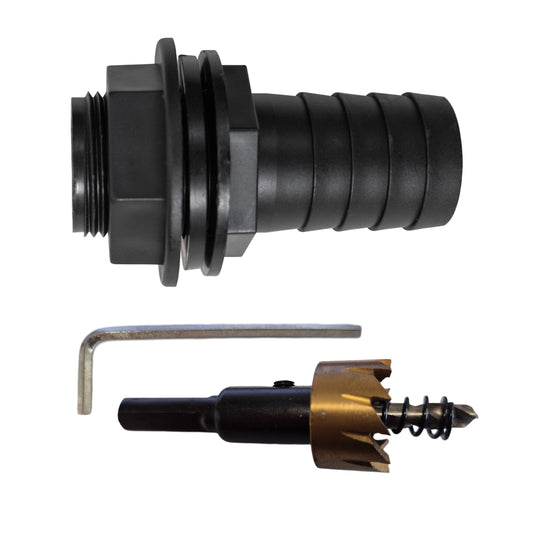 AP Supplies Tank Connector with Washer 3/4" BSPM & 1" Barb Outlet and Drill Bit
