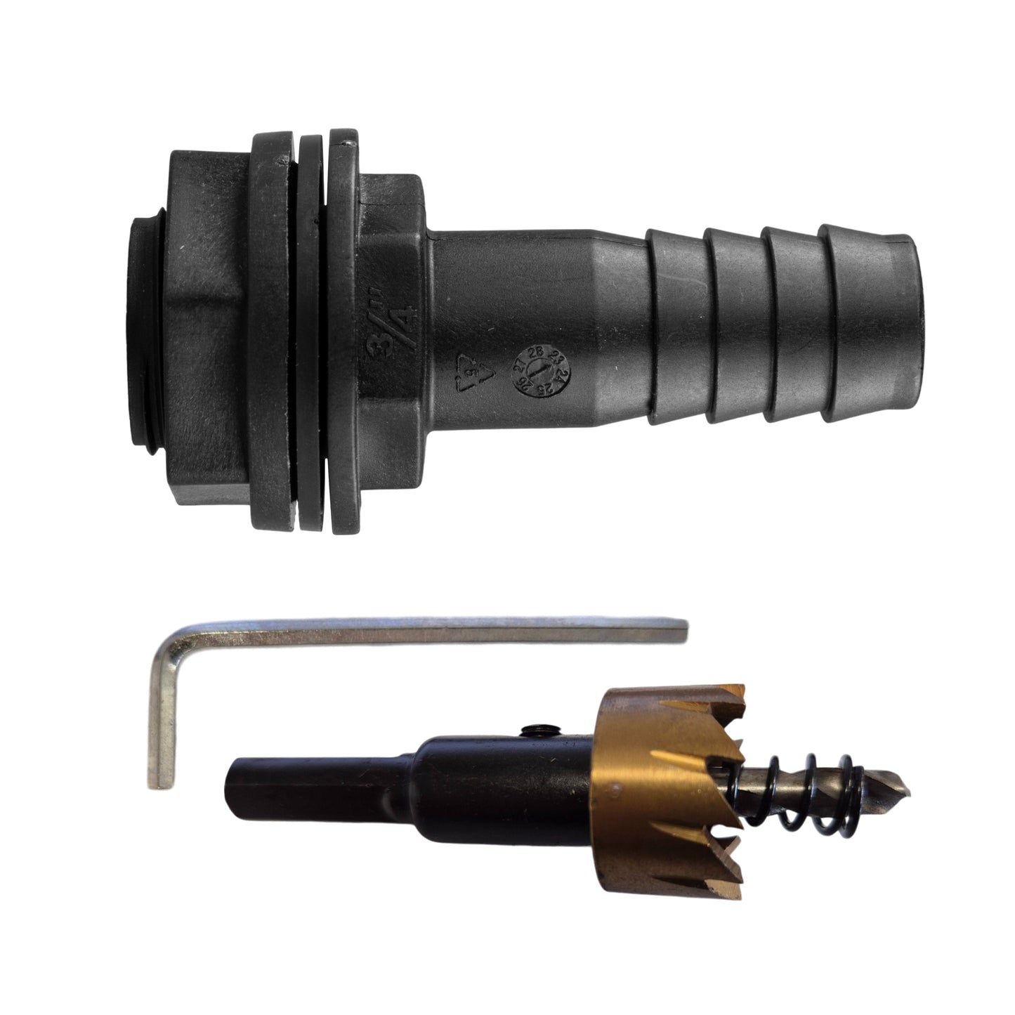 AP Supplies Tank Connector with Washer & Nut 3/4"BSPM - 3/4" Barb and Drill Bit